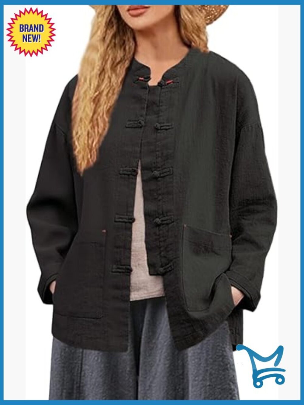 Womens Linen Shirt Jacket Vintage Cotton Long Sleeve Blouse Chinese Style Tunic